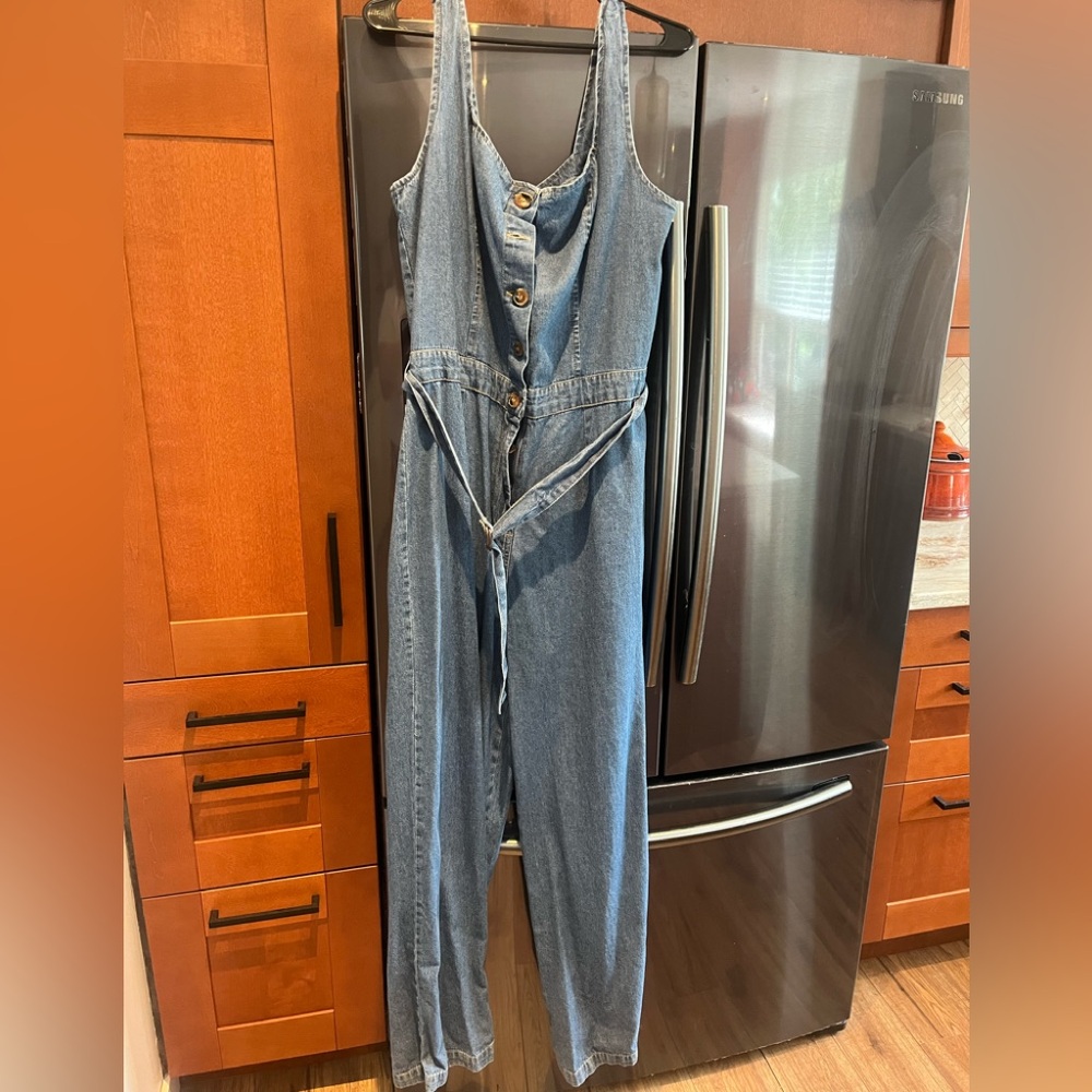 Wide leg denim jumpsuit
